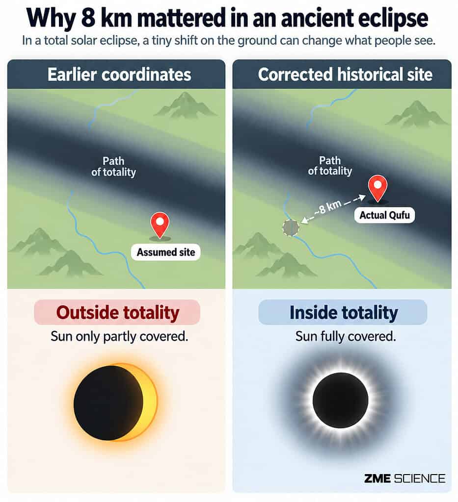 Illustration of where researchers initially thought the eclipse was reported compared to where it actually was reported