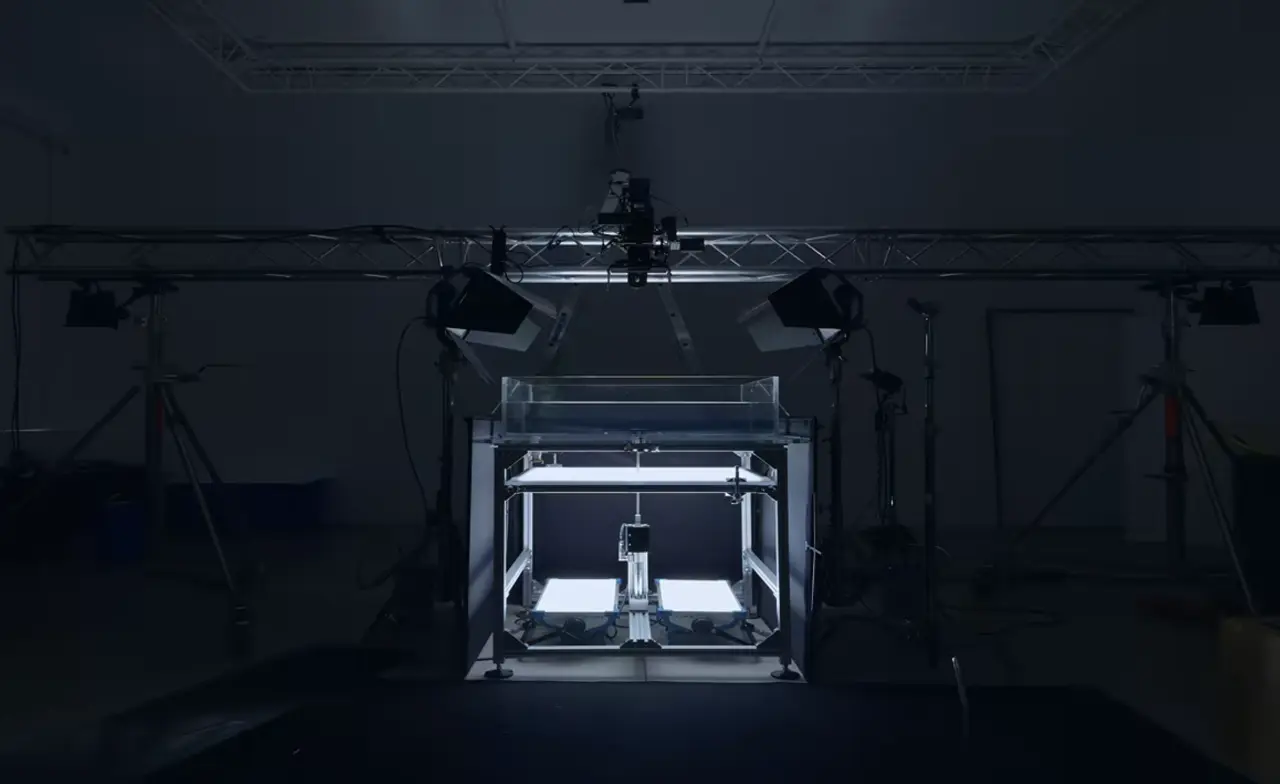 A transducer suspended above a shallow bath of mineral oil inside a darkened chamber, used to create ripples from sound vibrations for Apple Music's rebrand