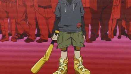 Lil' Slugger standing in front of a crowd of people in Paranoia Agent.