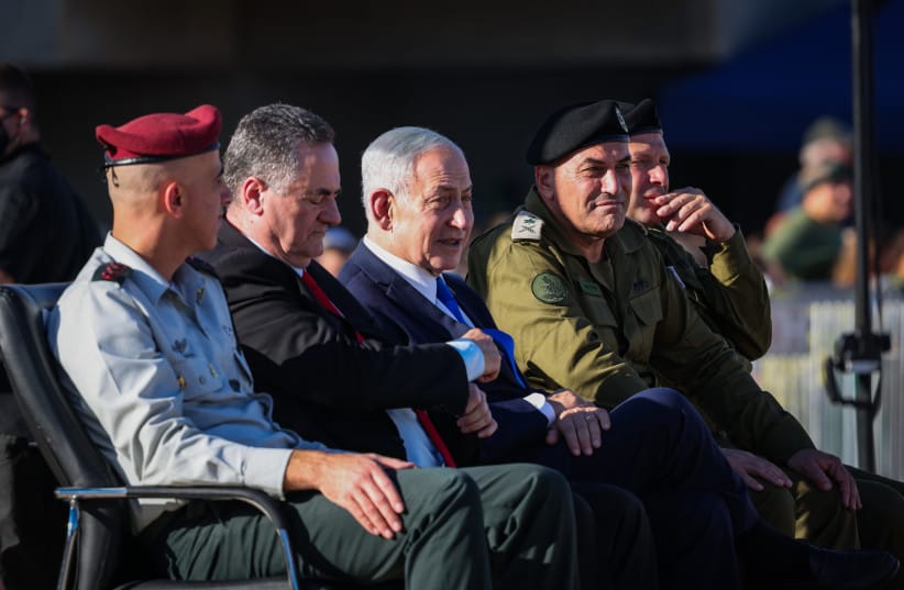 Israeli Prime Minister Benjamin Netanyahu, Defense Minister Israel Katz, and IDF Chief of Staff Lt. Gen. Eyal Zamir attend the graduation ceremony of an IDF officers’ course in southern Israel, June 25, 2026.