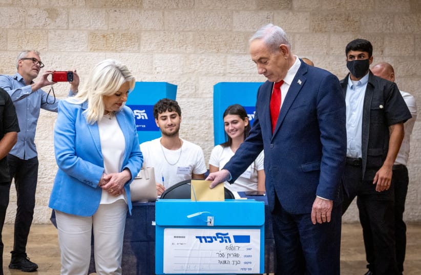 Israeli prime minister Benjamin Netanyahu and his wife Sara arrive to cast their vote at a polling station in Jerusalem on August 17, 2026, as party members vote in the Likud primary elections to determine the party’s Knesset list ahead of the Israeli general elections.