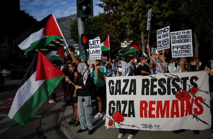 Pro-Palestinian demonstrators protest outside the Consulate General of Israel to condemn Israel’s interception of the Global Sumud Flotilla, in Los Angeles, California, US, October 2, 2025.