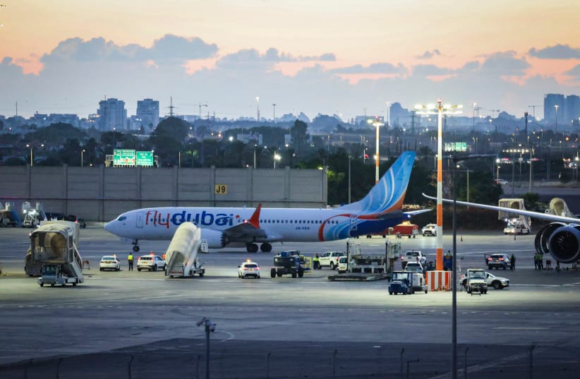 A flydubai plane carrying passengers from flight FZ1073 arrives at Ben Gurion International Airport near Tel Aviv, after a suspected terror attack aboard their original flight from Dubai to Israel forced an emergency landing in Saudi Arabia, September 30, 2026.