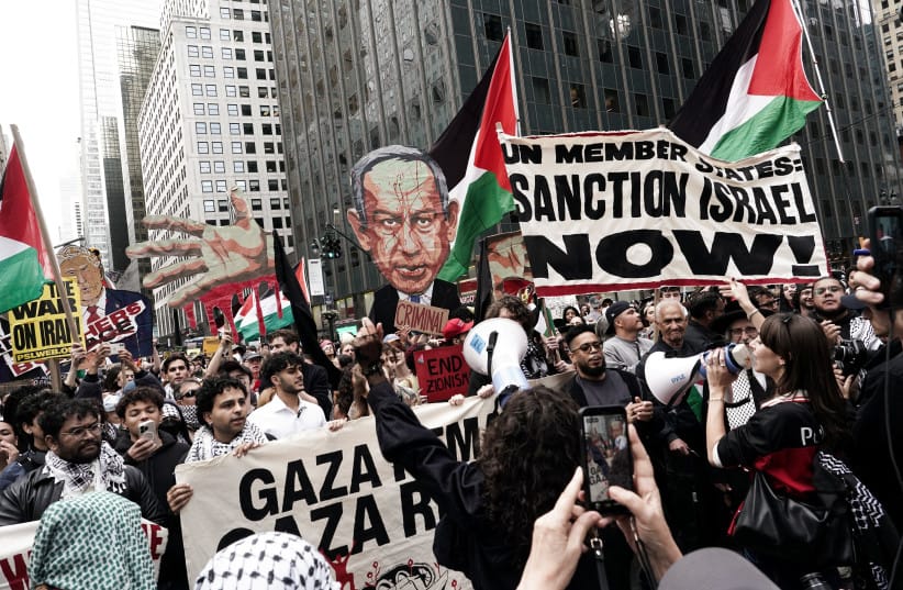 Pro-Palestinian demonstrators protest against Israeli Prime Minister Benjamin Netanyahu and US President Donald Trump, on the sidelines of the 81st United Nations General Assembly, in New York, US on September 24, 2026.