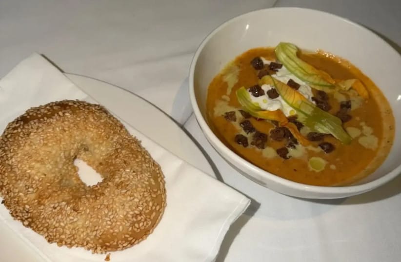 he salmorejo: Fire-roasted tomatoes and eggplant, smoked stracciatella, and a Jerusalem bagel.