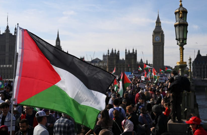 Demonstrators from the ''Palestine Coalition'' gather in support for Palestinians, after a ceasefire between Israel and Hamas in Gaza went into effect, in London, Britain, October 11, 2025; illustrative.