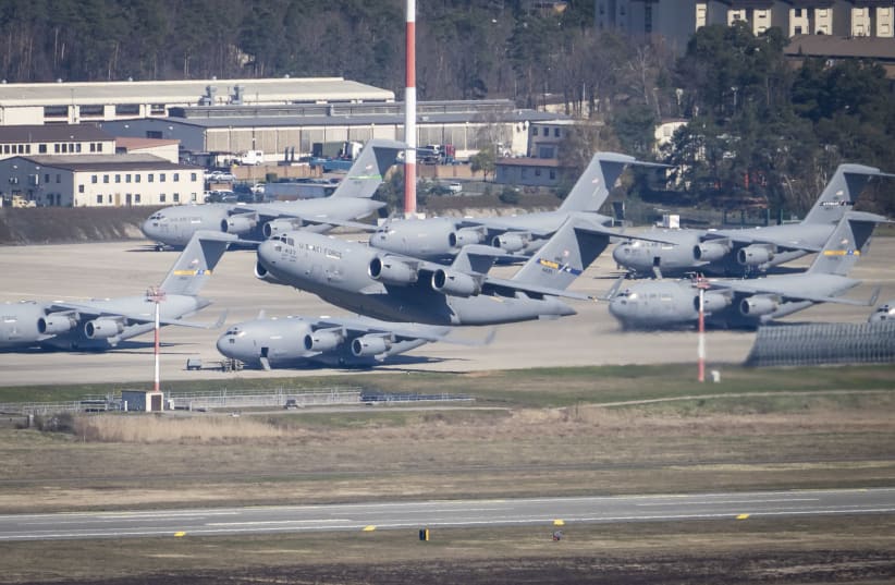 A Boeing C-17A globemaster III cargo plane of the US Air Force takes off from Ramstein Air Base on April 02, 2026 in Ramstein-Miesenbach, Germany.