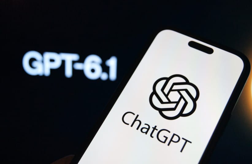 The ChatGPT logo is displayed on a smartphone with GPT-6.1 Astra text visible on a screen in the background (illustrative)