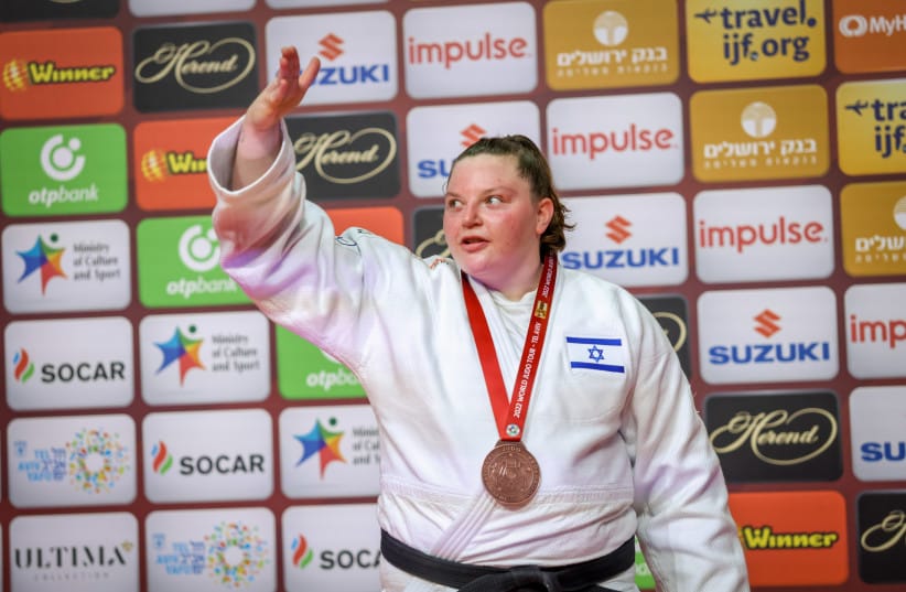 Raz Hershko of Israel poses for a picture with the Bronze medal, at the Tel Aviv 2022 Grand Prix Judo tournament, on February 19, 2022