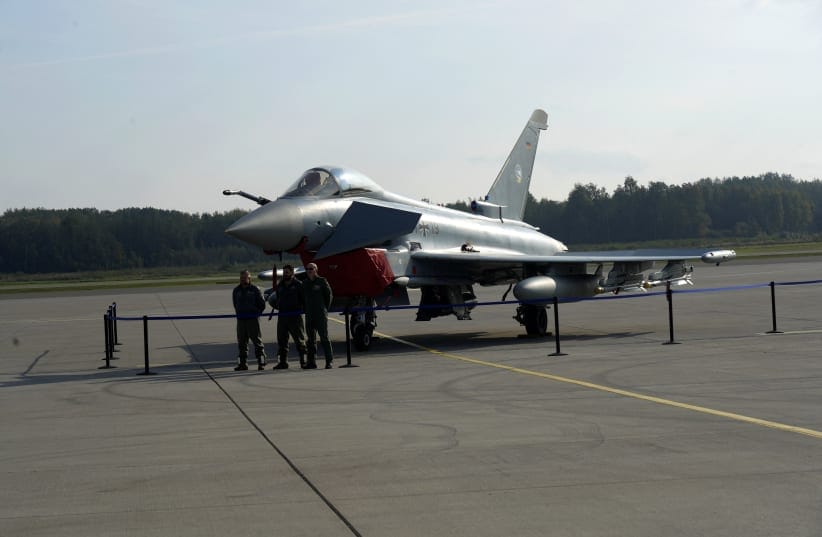 German Air Force Eurofighter Typhoon fighter jet is displayed during a NATO media tour in Lielvarde military air base, near Lielvarde, Latvia October 1, 2026.