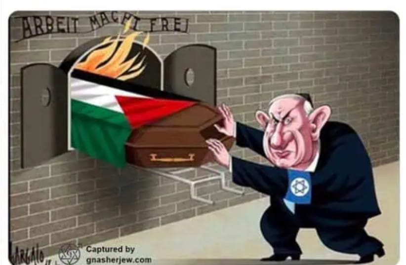 A screenshot from an X post by Dr. Mazin Fageir showing a cartoon depicting Prime Minister Benjamin Netanyahu wearing an armband with a Star of David and pushing a coffin draped in a Palestinian flag into an Auschwitz concentration camp oven.