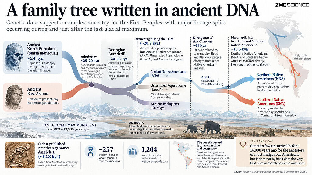 Infographic showing the genetic relatedness of Non-American peoples to the Native american population over time