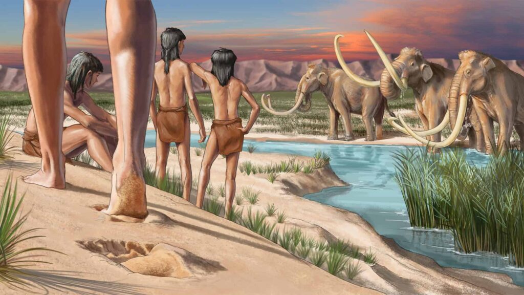 Illustration of ancient humans at a water body with mammoths on the other side of the water
