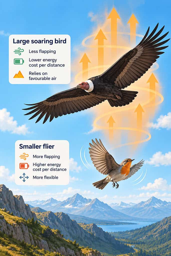 Illustration describing how larger birds spend less energy flying than smaller birds