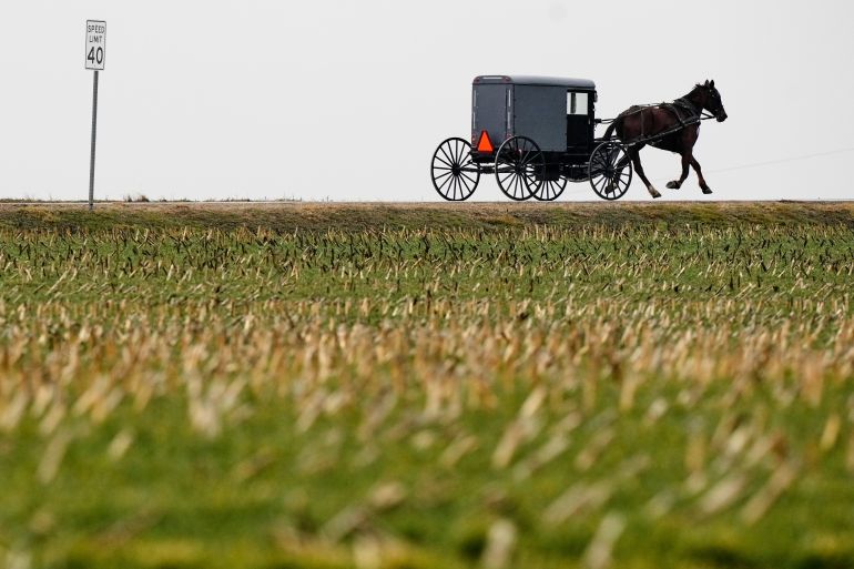 An Amish buggy is driven through farm country, March 8, 2026, in Lancaster County, Pa. (AP Photo/Robert F. Bukaty)