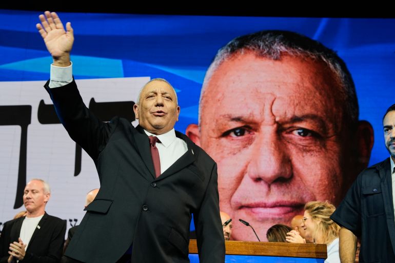 Gadi Eisenkot, leader of the Yashar (Straight) party, waves to supporters following the release of the first exit poll results in Israel's general election in Tel Aviv, Israel, Wednesday, October 28, 2026 [Baz Ratner/AP]