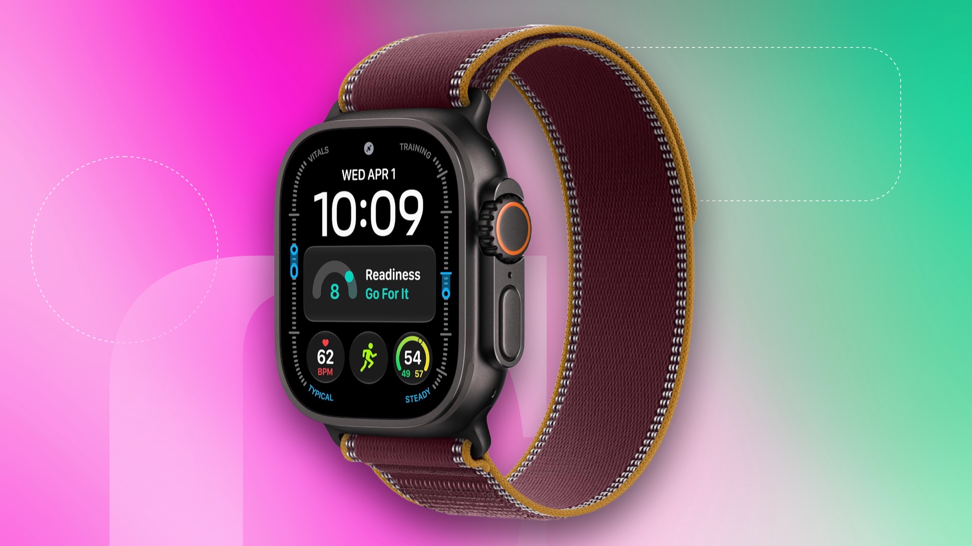 Apple Watch Ultra 4 in black titanium on a green and pink background