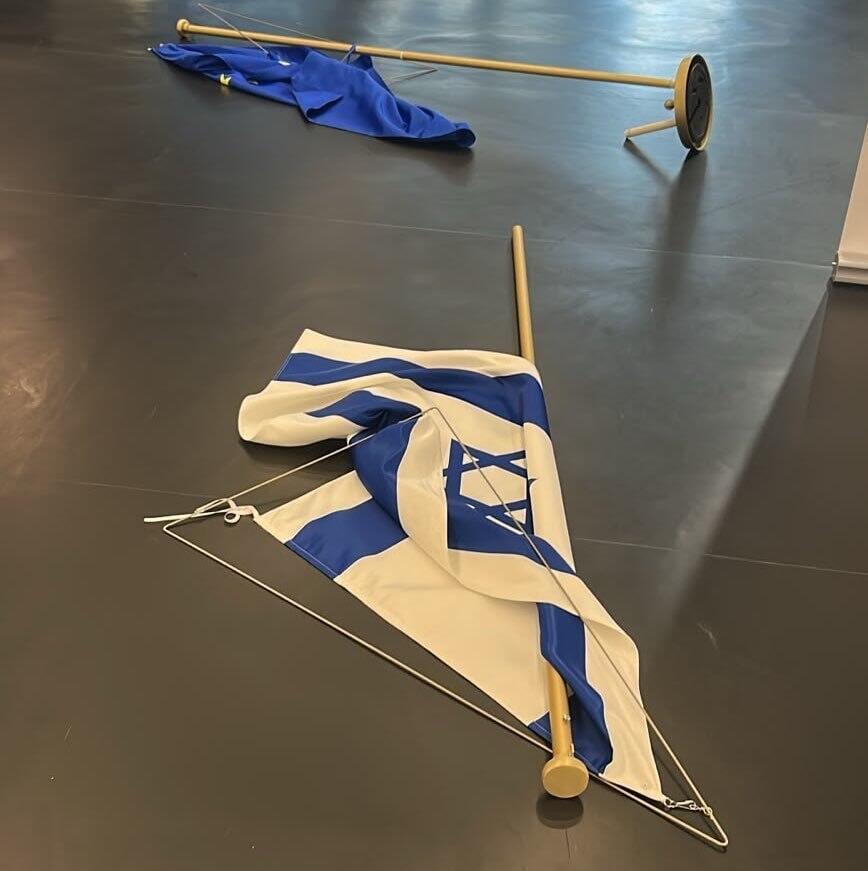  חברת הפרלמנט האירופית מהשמאל הקיצוני רומסת ומשחיתה את דגלי ישראל