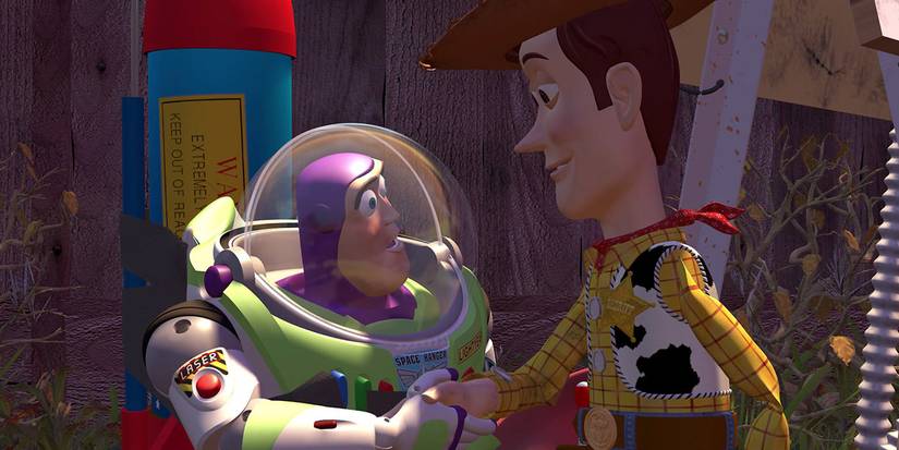 Buzz Lightyear and Woody shake hands in 1995's Toy Story