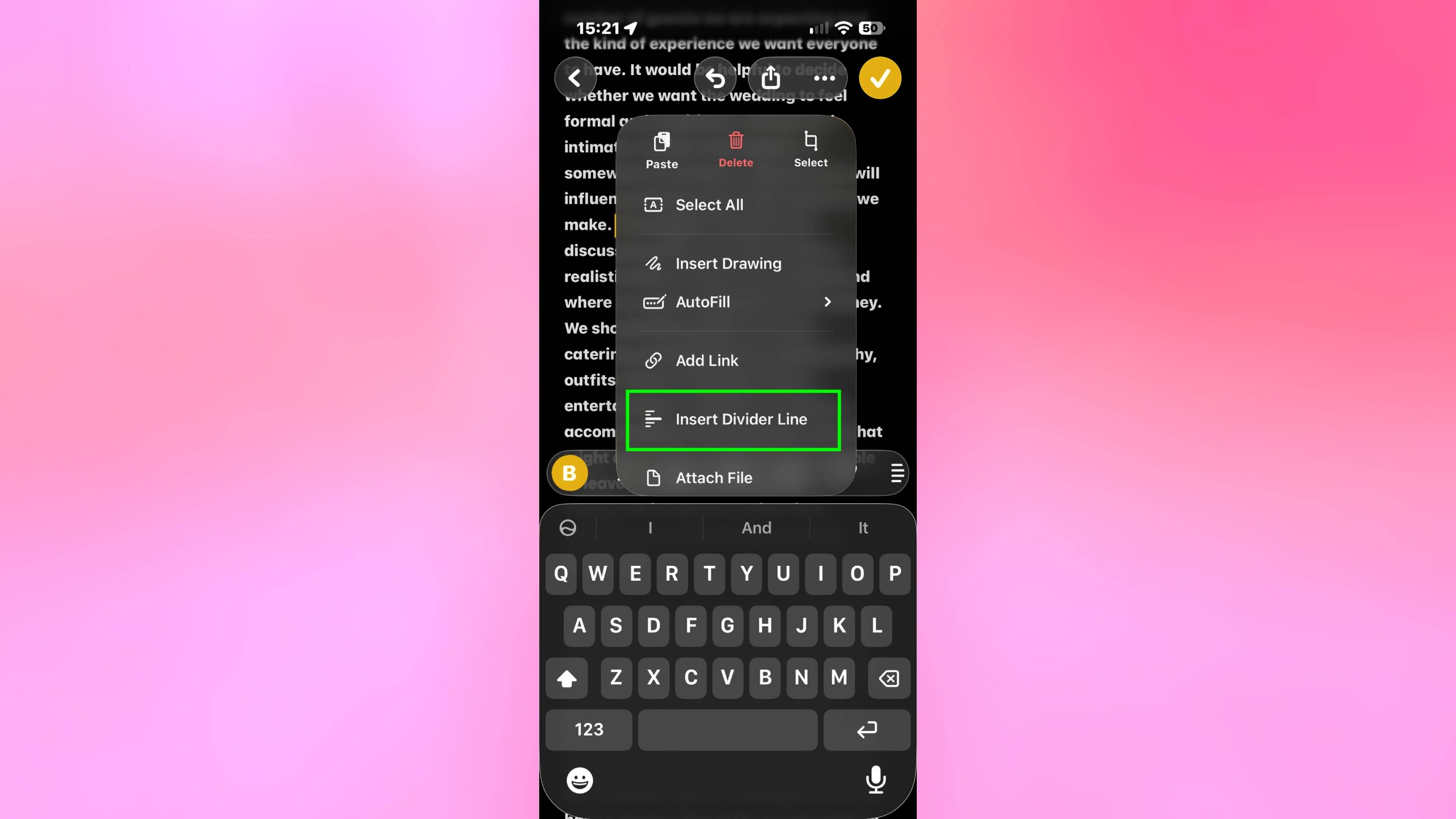 Insert Divider Line in Notes iOS 27