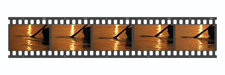 Five sequential photographs of a wooden oar striking the Sea of Galilee at sunrise, with golden sunlight reflecting across the water.