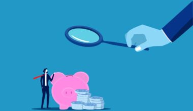 render of hand holding magnifying glass to examine piggy bank.