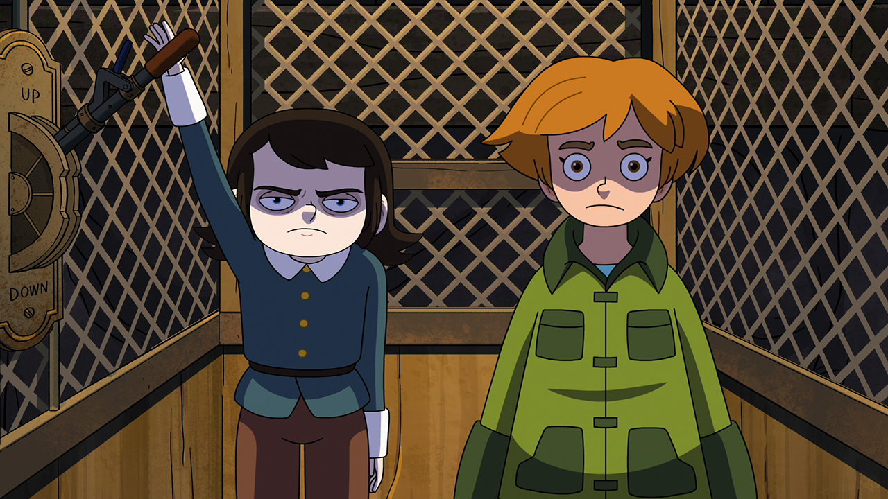 &Quot;Two Animated Children Stand In A Wooden Elevator With Metal Grating; One Girl Looks Serious, Holding A Control Lever, While The Boy Beside Her Looks Surprised. The Setting Is Dimly Lit, Creating A Tense Atmosphere.&Quot;