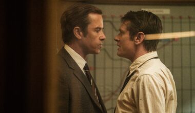 From left: Guy Pearce as Rupert Murdoch and Jack O’Connell as Larry Lamb in 'Ink.'