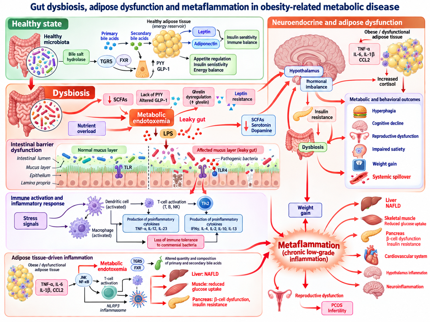 Metaflammation’s role in systemic dysfunction in obesity. This figure illustrates the contrasting states of a healthy gut–brain axis and a dysbiotic, pro-inflammatory state associated with obesity. In a healthy condition (top left), diverse gut microbiota ferment dietary fibers into short-chain fatty acids (SCFA), which support colonocyte health, preserve gut barrier integrity, and regulate immunity. These bacteria also convert primary bile acids into secondary bile acids, activating Takeda G-protein-coupled receptor 5 (TGR5)/farnesoid X receptor (FXR), which boosts Glucagon-like peptide-1 (GLP-1) release and improves insulin sensitivity, thus strengthening the gut barrier and normal hormone signaling. Conversely (middle left), gut dysbiosis deteriorates intestinal barrier function, permitting bacterial lipopolysaccharides (LPS) to enter the bloodstream. This endotoxemia activates Toll-like receptor 4 (TLR4) on immune cells, triggering Nuclear Factor kappa-light-chain-enhancer of activated B cells (NF-kB) and releasing pro-inflammatory cytokines, leading to chronic, low-grade systemic inflammation (“metaflammation”). These inflammatory signals and disrupted gut hormones impair hypothalamic regulation of appetite and metabolism (top right), causing hyperphagia, insulin and leptin resistance, and weight gain. The diagram highlights how circulating hormones (leptin, insulin, ghrelin) and inflammatory signals inform the brain about metabolic status, affecting satiety, overeating, cognitive decline, reproductive issues, and obesity, often resulting in organ-specific pathologies in chronic endotoxemia/metaflammation. As a consequence of “systemic spillover”, organs such as the liver, skeletal muscle, pancreas, cardiovascular system, and reproductive organs exhibit pathologies (e.g., Non-alcoholic fatty liver disease (NAFLD), muscle insulin resistance, pancreatic β-cell dysfunction, atherogenesis, Polycystic ovary syndrome (PCOS) due to persistent inflammation.3