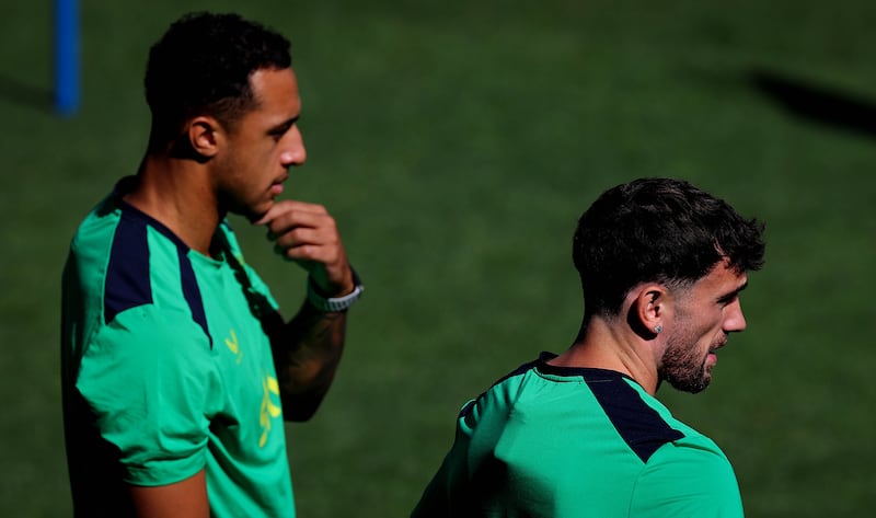 Adam Idah and Troy Parrott during Ireland training at the TSC Arena in Bačka Topola. Photograph: Ryan Byrne/Inpho