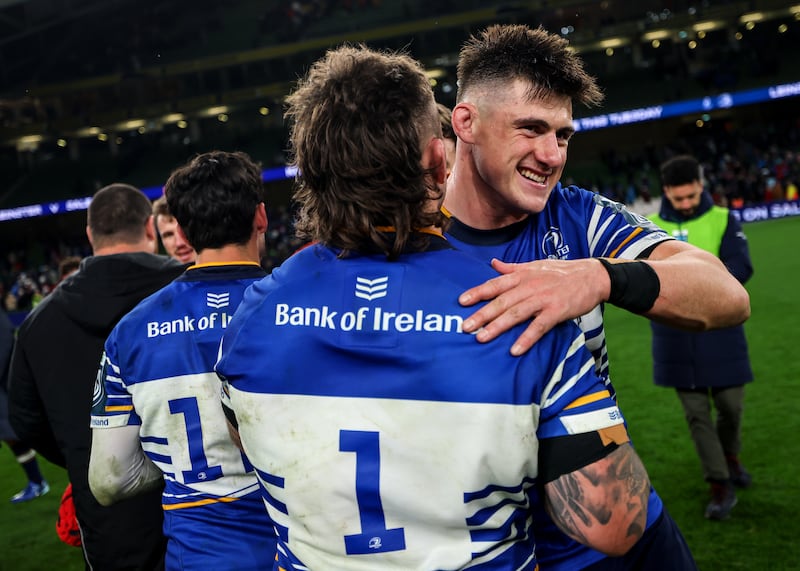 Leinster's Andrew Porter and Dan Sheehan celebrate after the game. Photograph: Ben Brady/Inpho