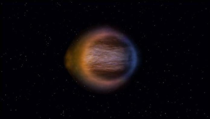 The shape of WASP-17b’s atmosphere mapped using transmission strings. The planet has a broad banded jet around the equator with vast wind speeds which transport material and heat from the permanently irradiated dayside to the permanently shadowed nightside. The atmosphere over the equator of the evening limb (left) is hot as it is transported from the dayside of the planet, while the atmosphere on the right has cooled as it traversed the nightside and passes back to the dayside via the morning limb. Using transmission strings Dr Alderson and her team measured the shape of this transmitting limb as a function of angle across the poles of the planet for the first time. Credit Engine House and Hannah Wakeford