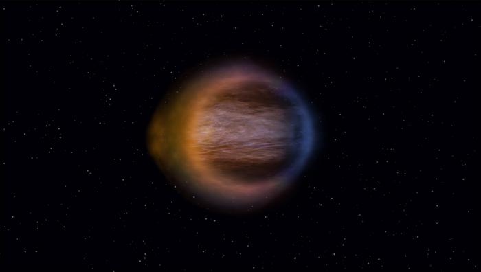The shape of WASP-17b’s atmosphere mapped using transmission strings. The planet has a broad banded jet around the equator with vast wind speeds which transport material and heat from the permanently irradiated dayside to the permanently shadowed nightside. The atmosphere over the equator of the evening limb (left) is hot as it is transported from the dayside of the planet, while the atmosphere on the right has cooled as it traversed the nightside and passes back to the dayside via the morning limb. Using transmission strings Dr Alderson and her team measured the shape of this transmitting limb as a function of angle across the poles of the planet for the first time. Credit Engine House and Hannah Wakeford