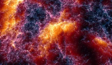 A rendering of the cosmic web about 650 million light-years across, produced by the Lumina simulation. The fine filaments represent dark matter, and the warm orange and yellow tones highlight where gas is moving the fastest between galaxy clusters. Credit Oliver Zier, Center for Astrophysics