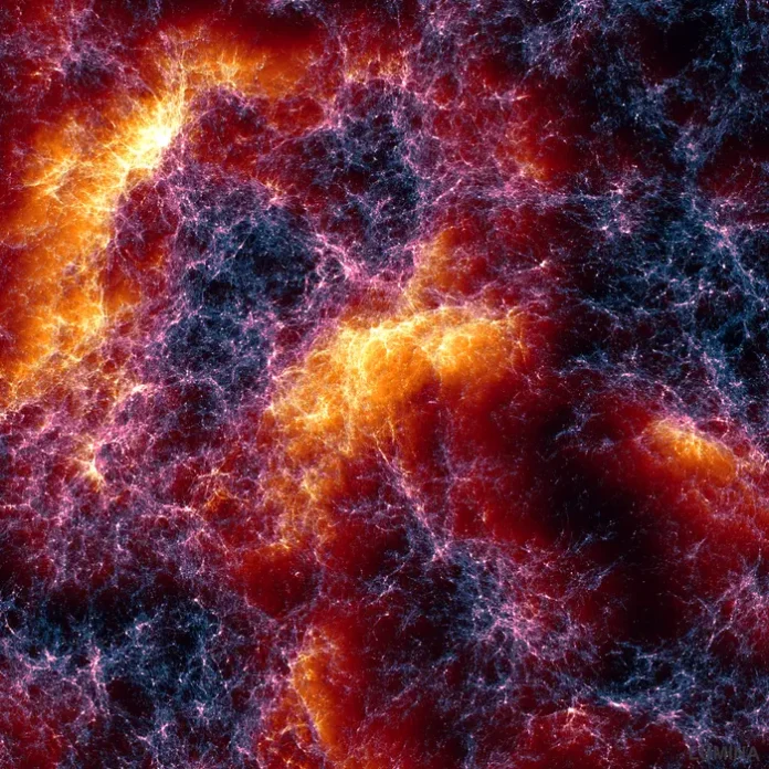 A rendering of the cosmic web about 650 million light-years across, produced by the Lumina simulation. The fine filaments represent dark matter, and the warm orange and yellow tones highlight where gas is moving the fastest between galaxy clusters. Credit Oliver Zier, Center for Astrophysics | Harvard & Smithsonian