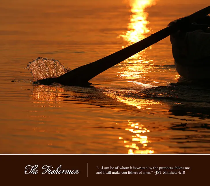 Golden sunrise reflecting on the Sea of Galilee as a wooden oar splashes through the water, featured in the May 2027 Come Follow Me Calendar.
