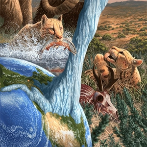 An artistic rendering of two Miracinonyx, one in Beringia preying mainly on fish and one in the Lower 48 feeding on pronghorn antelope. Credit: Julius Csotonyi