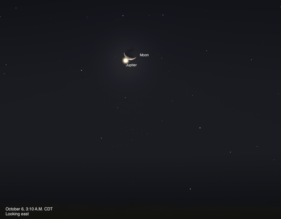 Simulated view of a dark predawn sky, dated October 6, 2026, 3:10 A.M. CDT, looking east. A thin crescent Moon is labeled at upper center with the bright point of Jupiter labeled just below and to the left, both set against a faint glow near the horizon with scattered faint stars elsewhere in the frame.