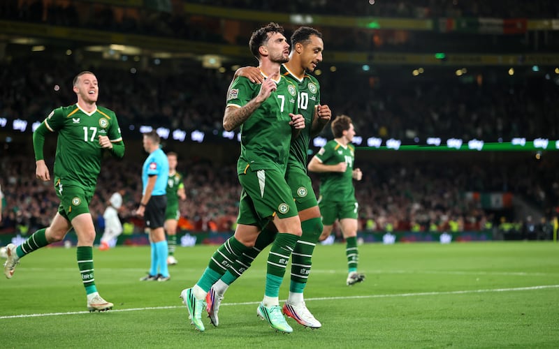 Ireland's Troy Parrott linked up well with Adam Idah. Photograph: Ryan Byrne/Inpho