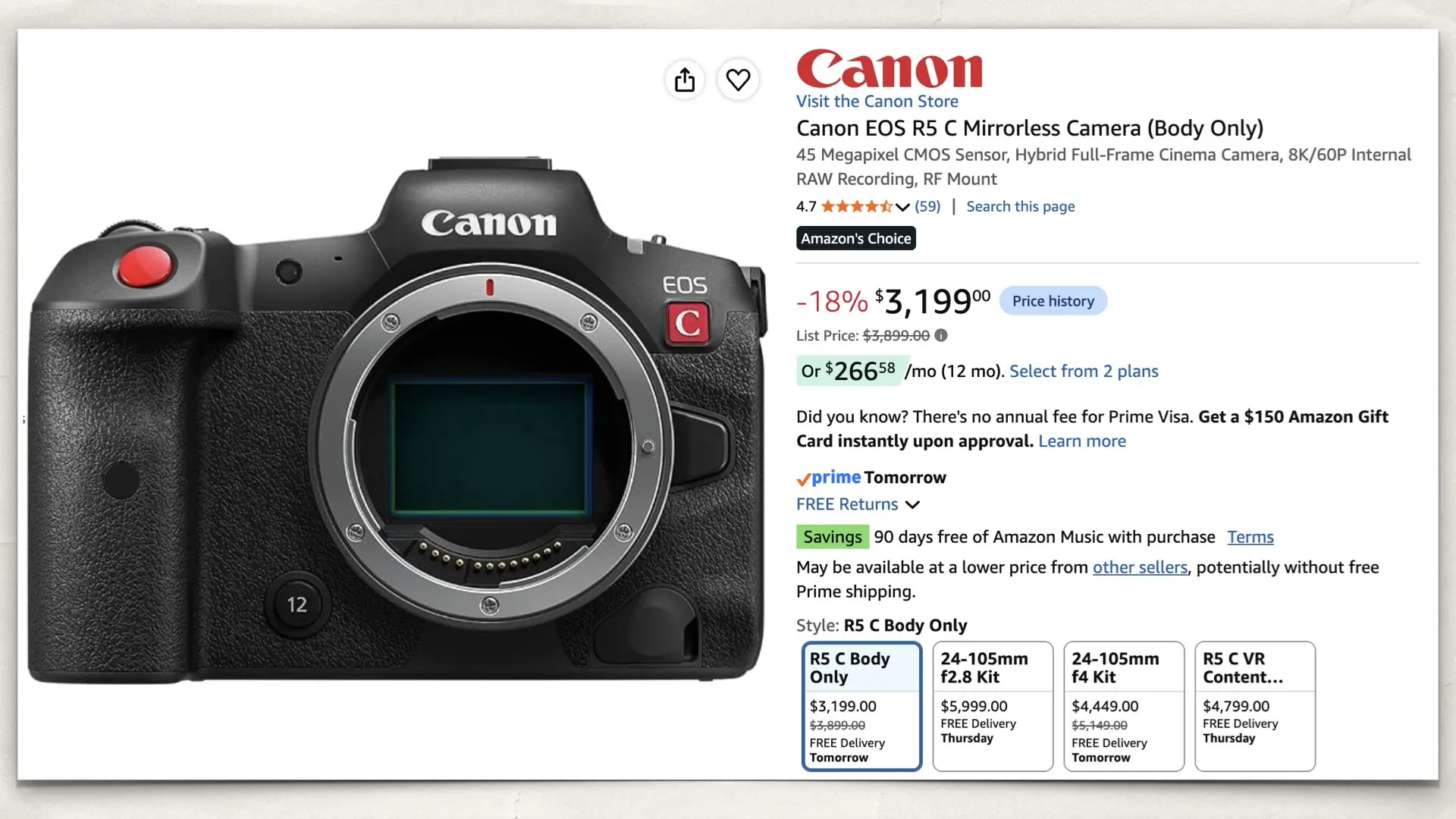 The Canon EOS R5 C on Amazon