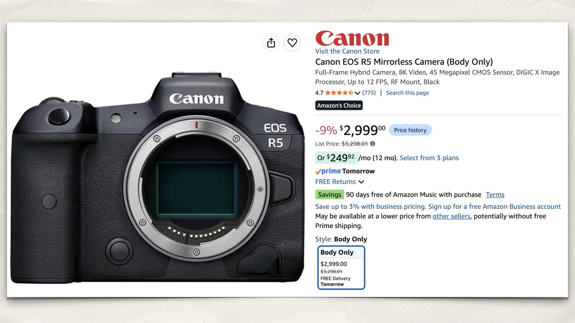 The Canon EOS R5 on Amazon