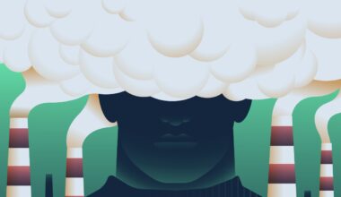 Abstract illustration of a dark silhouette of a person with their eyes obscured by a dense cloud of white smoke, surrounded by industrial chimneys emitting pollution, against a muted green background, representing occupational exposure to airborne pollutants such as VGDF and pesticides and potential risks to respiratory health and lung function