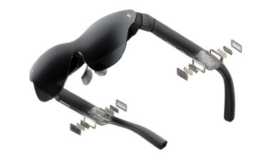 Exploded view of Xiaomi smart glasses showcasing interior component layers.