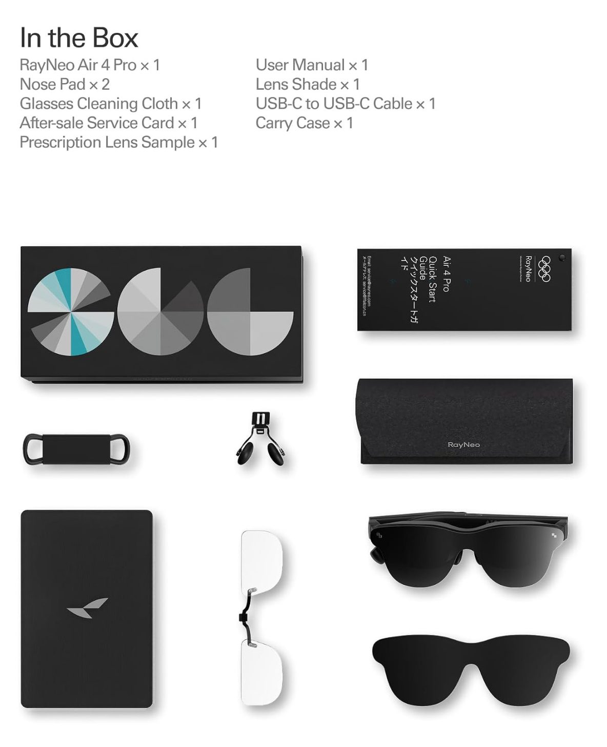 The image shows the contents of the RayNeo Air 4 Pro package, including glasses, a nose pad, glasses cleaning cloth, after-sale service card, prescription lens sample, user manual, lens shade, USB-C to USB-C cable, and carry case, with the items arranged neatly against a white background.