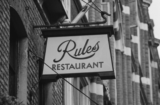 The sign outside Rules Restaurant in Covent Garden, London, UK, 3rd September 1984. (Photo by Graham Morris/Daily Express/Hulton Archive/Getty Images)