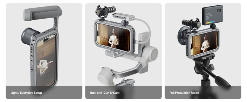 Three different configurations of a smartphone in a protective cage: a handheld setup, a gimbal-mounted setup with a microphone, and a tripod-mounted setup with a microphone and LED light.