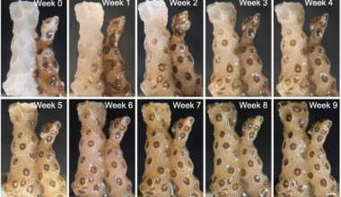 A series of ten close up images of two pieces of coral. In the first, on the top left, the coral on the left is bright white while the one on the right is brown with darker brown spots. Text reads: "Week 0." The last image, on the bottom right, shows both pieces of coral as brown with darker brown spots and the text, "Week 9." The intervening images show the white, dead coral, slowly becoming more brown as time progresses.