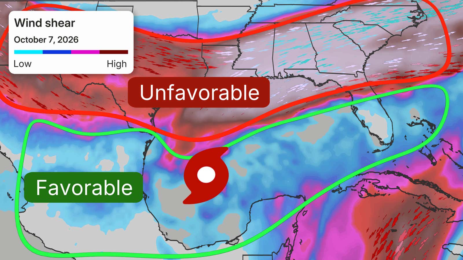 Weather map showing wind shear forecast for October 7, 2026, with a tropical storm icon over the Gulf and labeled favorable and unfavorable zones