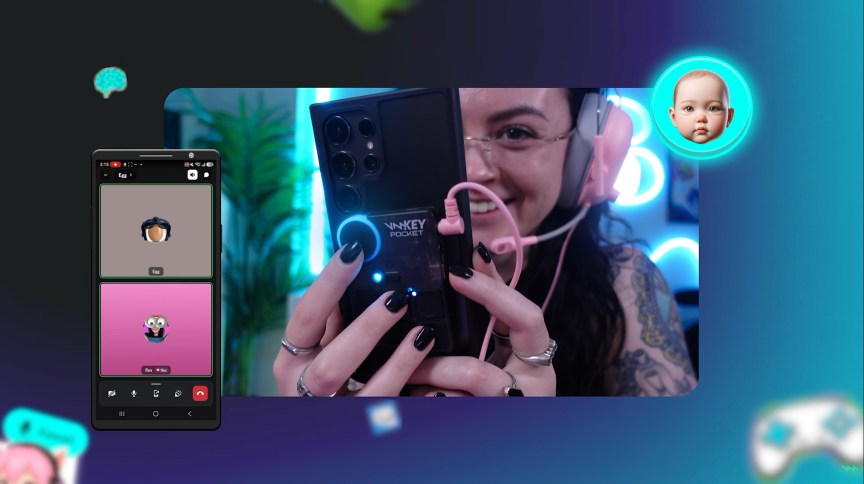 A woman holds a phone in front of her with a device on the back that's connected to her headset, with a graphic of a phone call and a baby around the visual to indicate the voice filter she's using on the call.