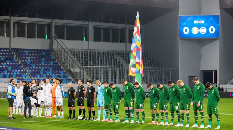 A view of the Ireland team during the Israel national anthem in their Nations League match. Photograph: Ryan Byrne/Inpho